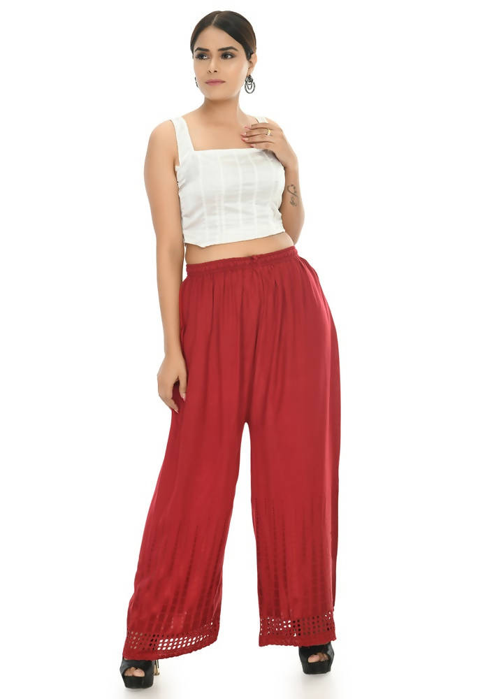 Mominos Fashion Moeza Reyon Cotton Maroon Color Cut Work Palazzo | Grocsy