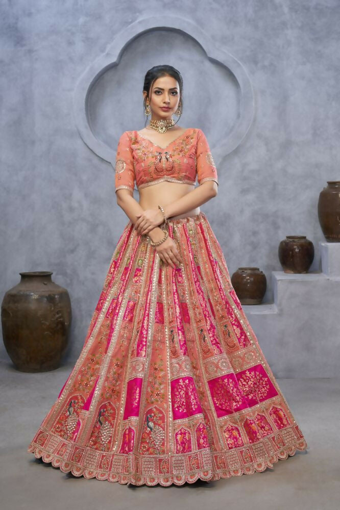 Kesar Fab Pink Organza Embroidered Lehenga | Grocsy
