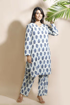 Breathables Women’S Cream Cotton Indian Motif Butta Loungewear Co-Ord Set – Long Kurta & Pants | Grocsy