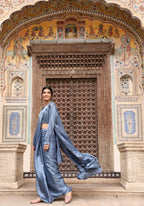 Sky Blue Tom Silk Plain Ready To Wear Saree With Stitched Blouse - Satiksha | Grocsy