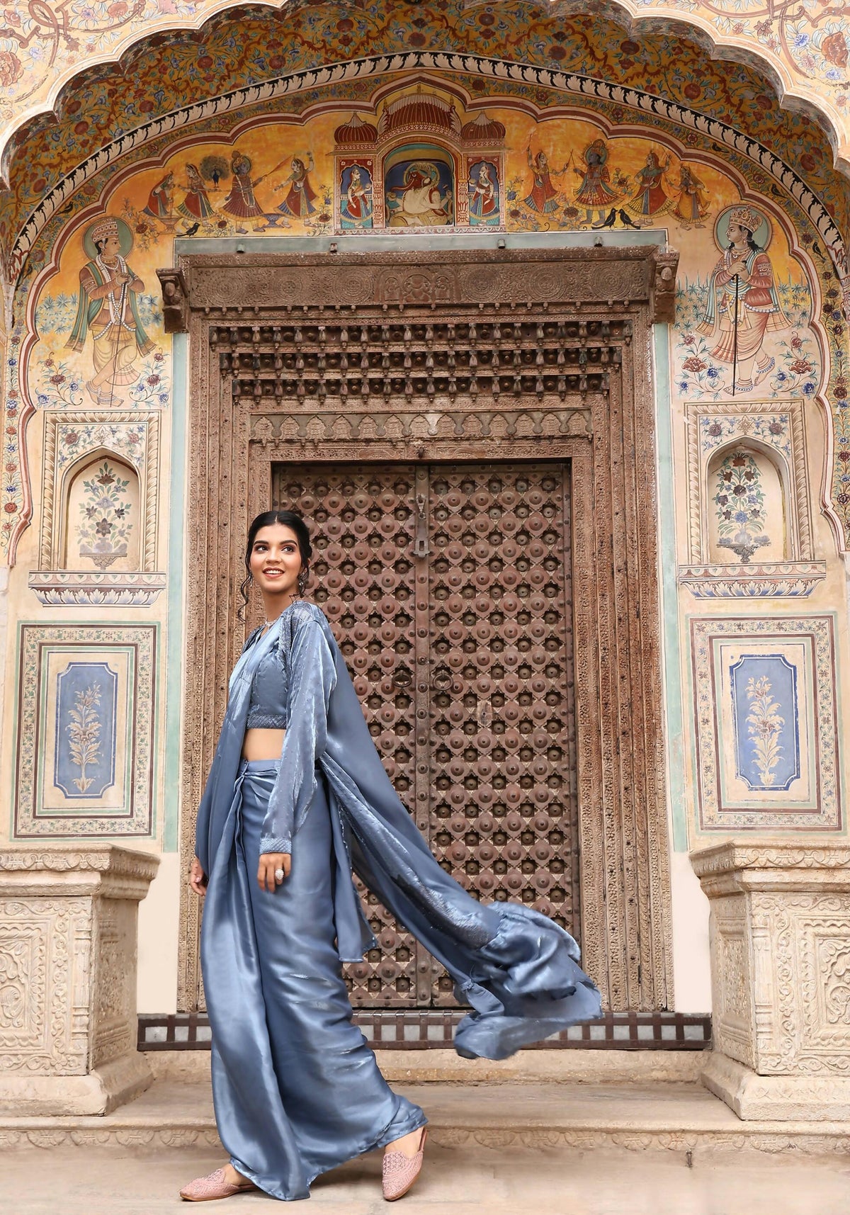 Sky Blue Tom Silk Plain Ready To Wear Saree With Stitched Blouse - Satiksha | Grocsy