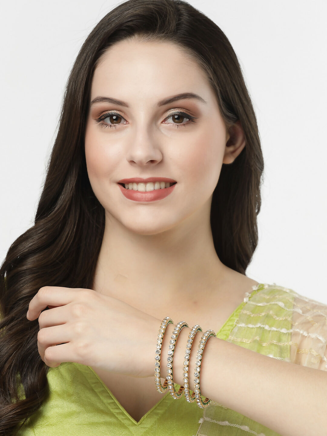 NVR Women's Set Of 4 Gold-Polished Kundan-Studded Traditional Bangles | Grocsy