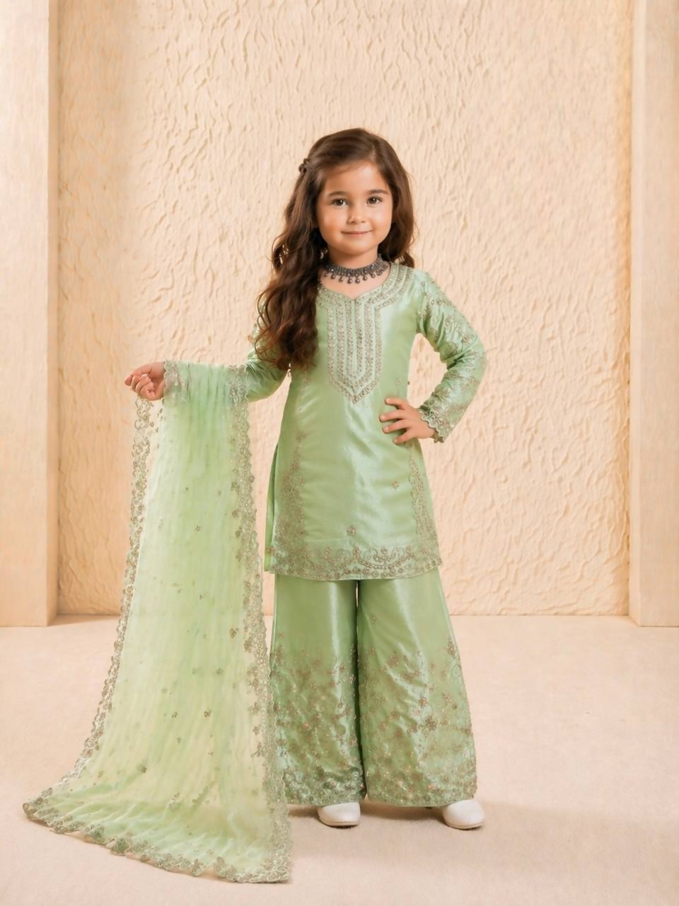 Teeya Creation New Kids Wedding Wear Heavy Embroidery Sequence Work Kurta Sharara Set-Green | Grocsy
