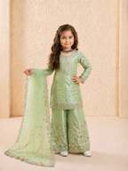 Teeya Creation New Kids Wedding Wear Heavy Embroidery Sequence Work Kurta Sharara Set-Green | Grocsy