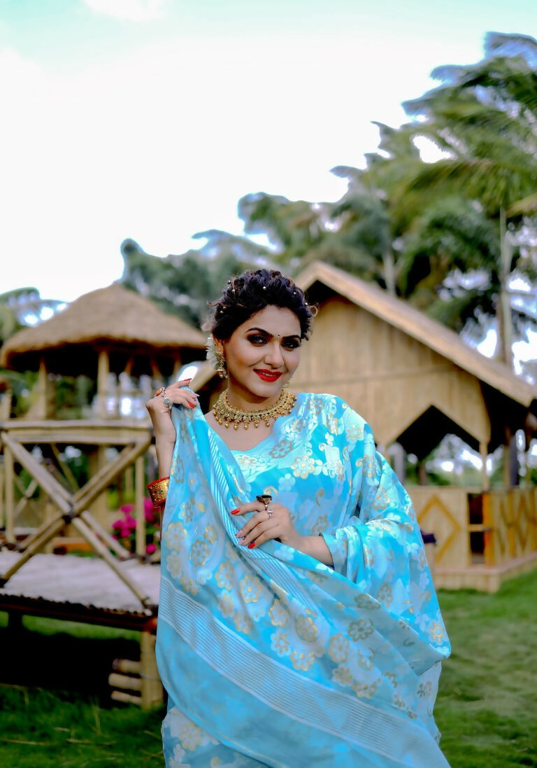 Partywear Designer Sky Blue Jamdani contton Fancy Saree - Starwalk | Grocsy