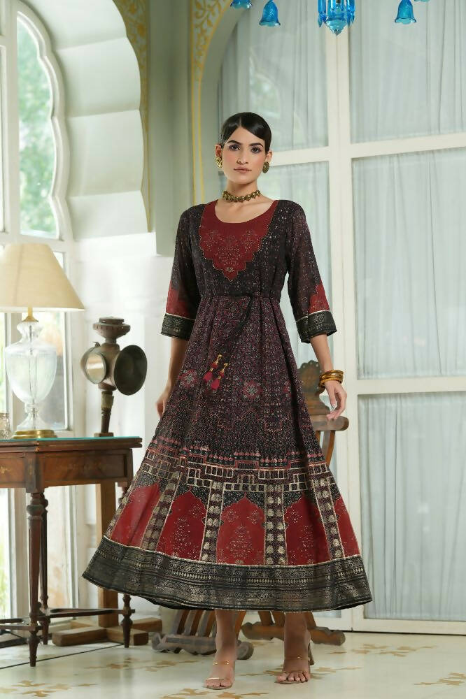 Juniper Black Georgette Festive Printed Anarkali Flared Anarkali Kurta For Women | Grocsy