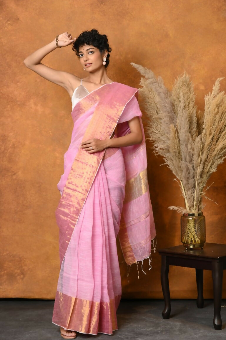 Very Much Indian Handloom Pure Cotton Linen Saree With Golden Border - Pink | Grocsy