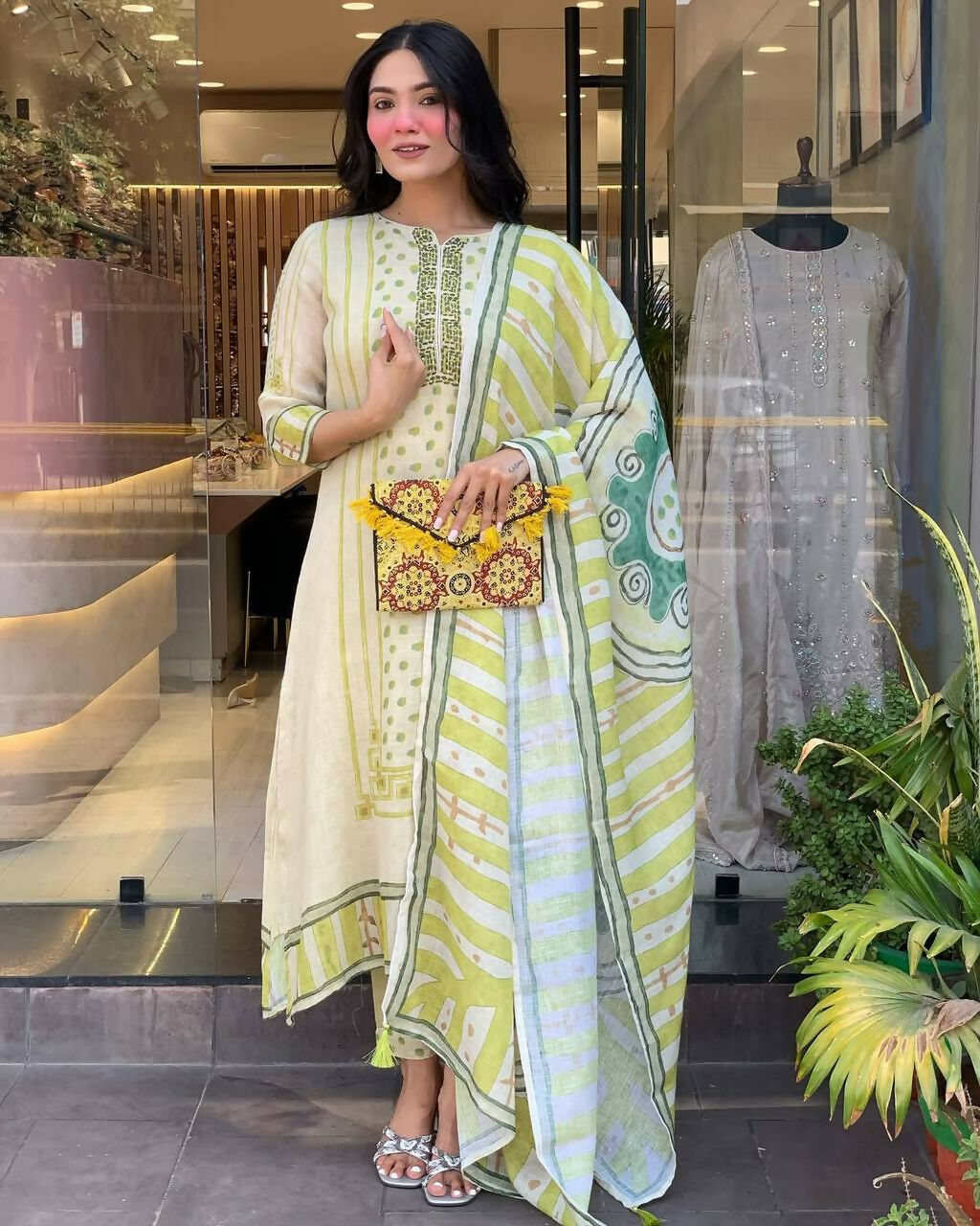 The52 Multi Women's Gorgeous Linen Silk Fabric Embroidered Work Straight Kurta Pant and Dupatta Set | Grocsy