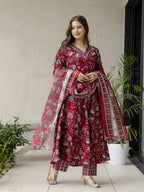 The52 Maroon Women's Gorgeous Rayon Fabric Printed Work Flared Kurta, Pant and Dupatta Set | Grocsy