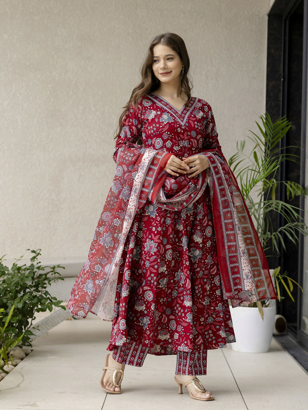 The52 Maroon Women's Gorgeous Rayon Fabric Printed Work Flared Kurta, Pant and Dupatta Set | Grocsy