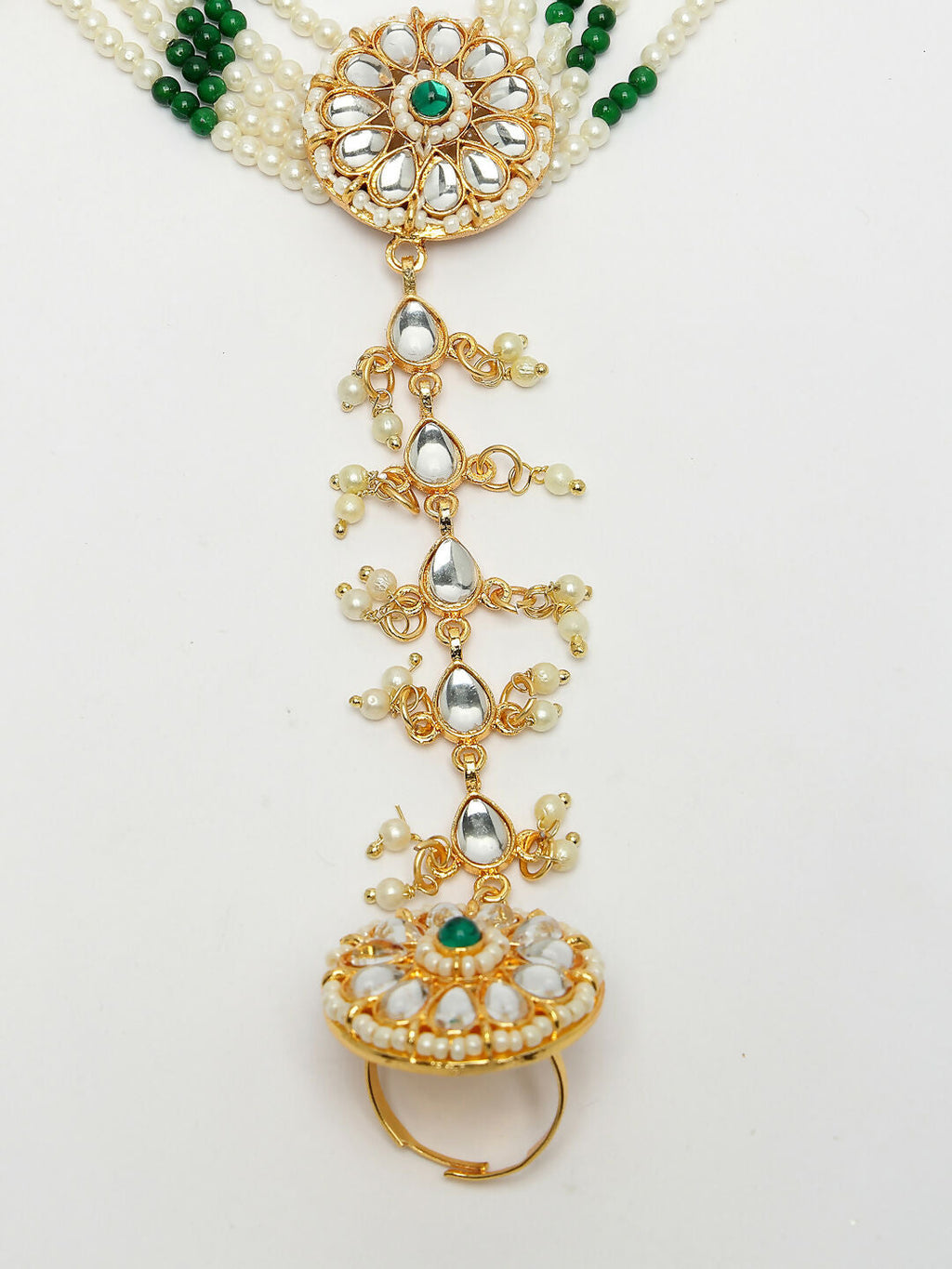 NVR Women's Green Gold-Polished Stone Studded Handcrafted Ring Bracelet | Grocsy