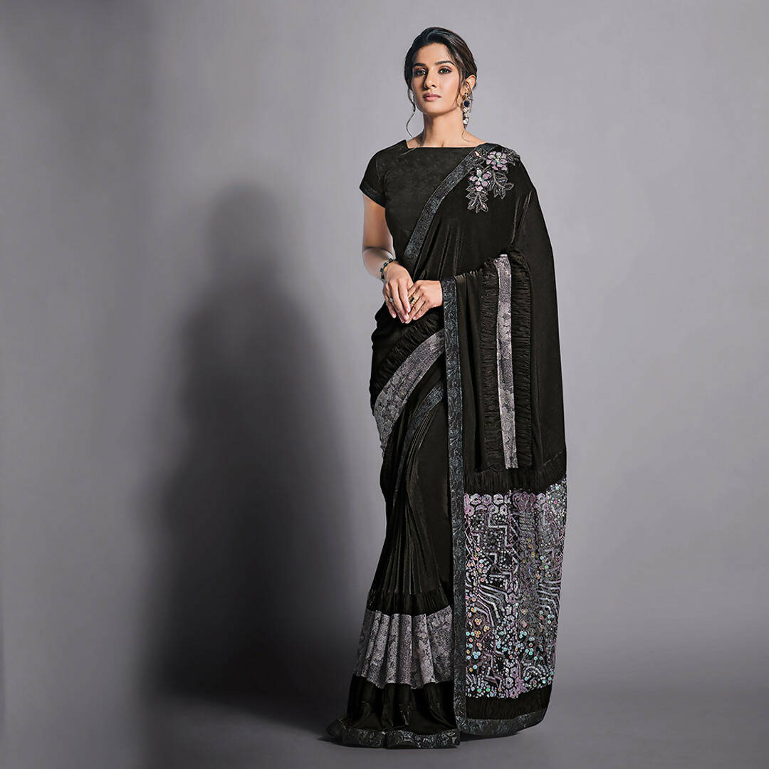 Black Lycra Raw Silk Multi-Colored Sequins Embroidery, Handwork Butta Saree - Norita Eileen | Grocsy