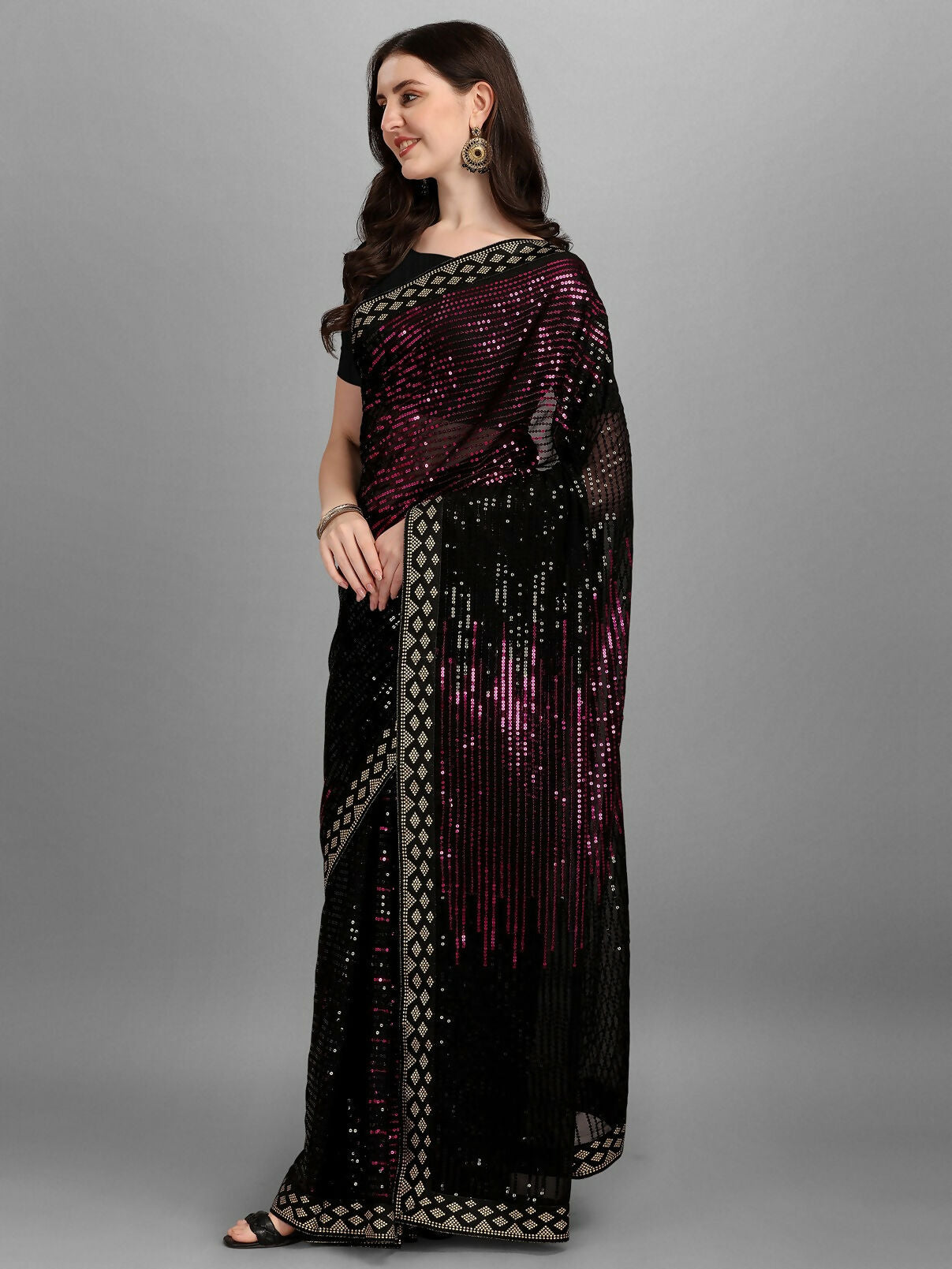 Vegaa Fashion Black Georgette Embroidered Party Wear Saree | Grocsy