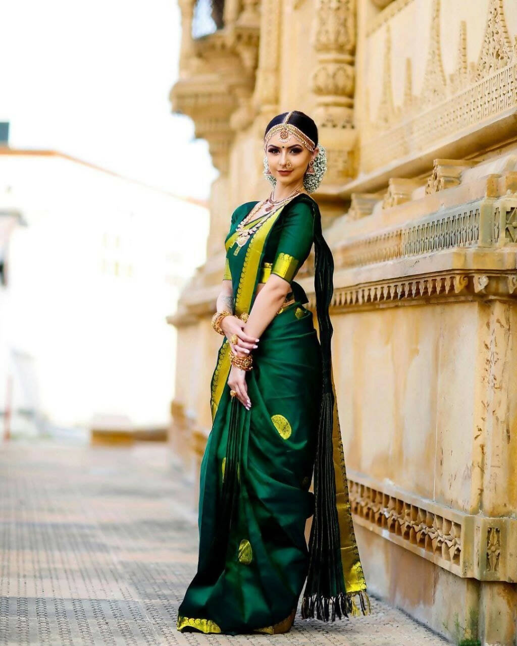 DEIANA'S Beautiful Designer Golden zari Soft Lichi Silk Saree - Green | Grocsy