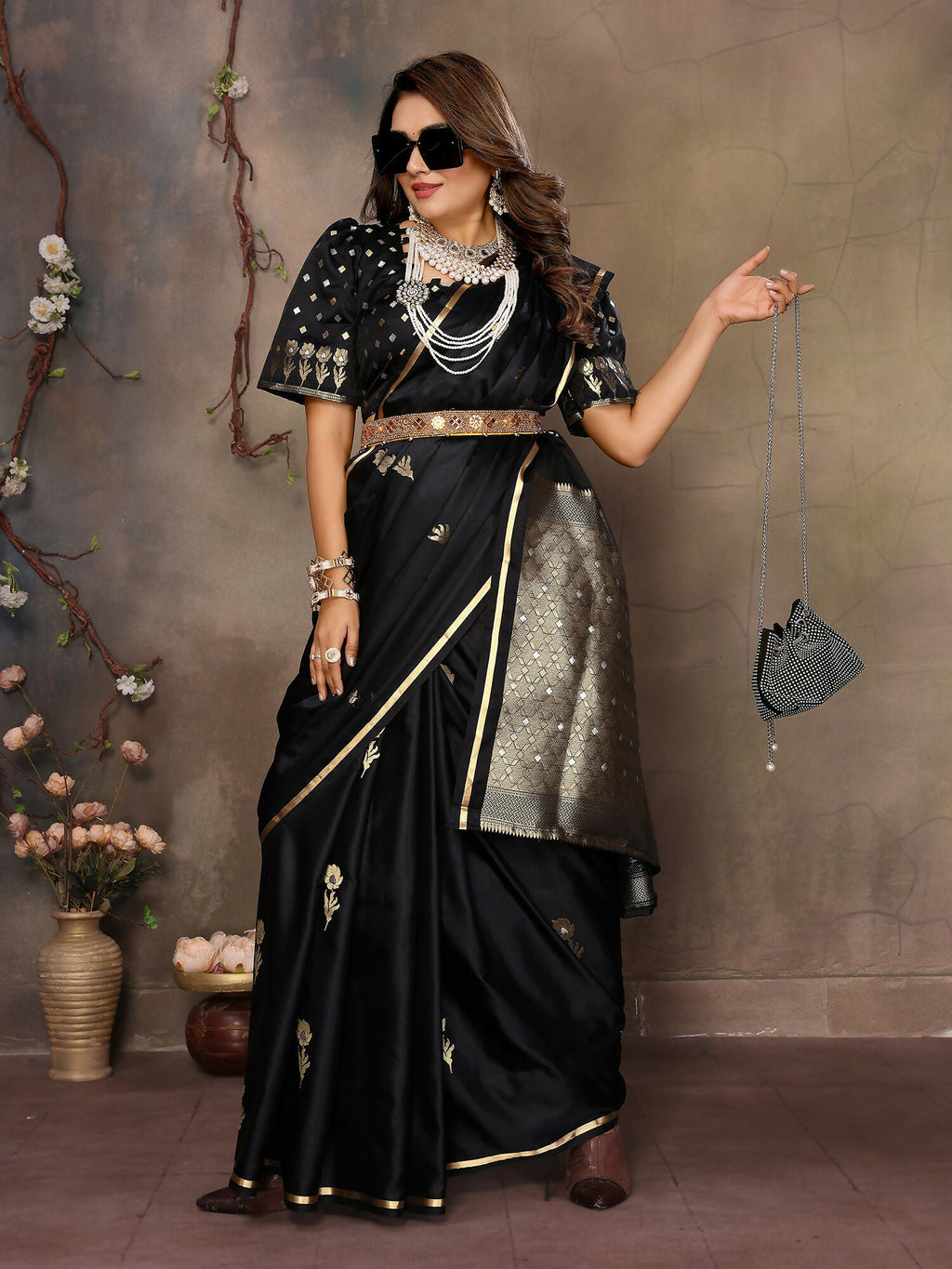 Joban Fashion Black Floral & Botanical Motifs Satin Silk Banarasi Silk Saree | Grocsy