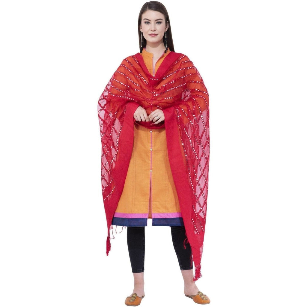 A R Silk Women's Heavy Mirror Work Orgenza Cotton Red Dupatta | Grocsy