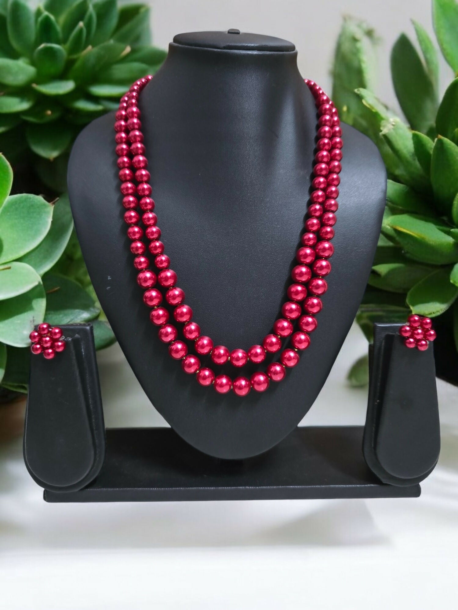 Inhanns Everyday Workwear Pearl Set (Double Layered Pearls) - Coral Red | Grocsy