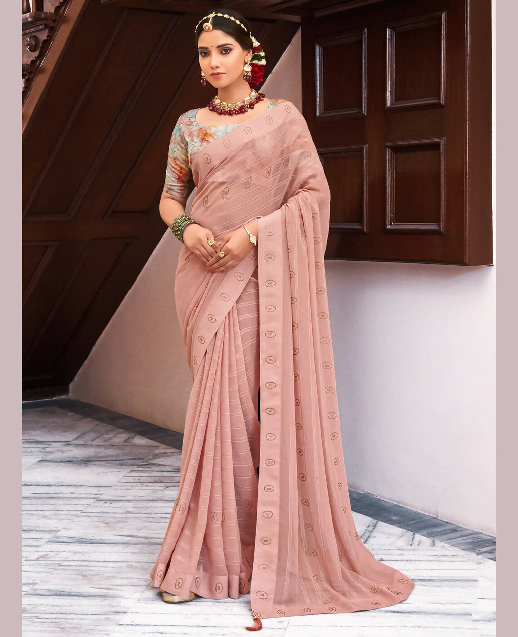 Peach Georgette Swaroski Work Saree With Unstitched Blouse Piece - Juhi | Grocsy