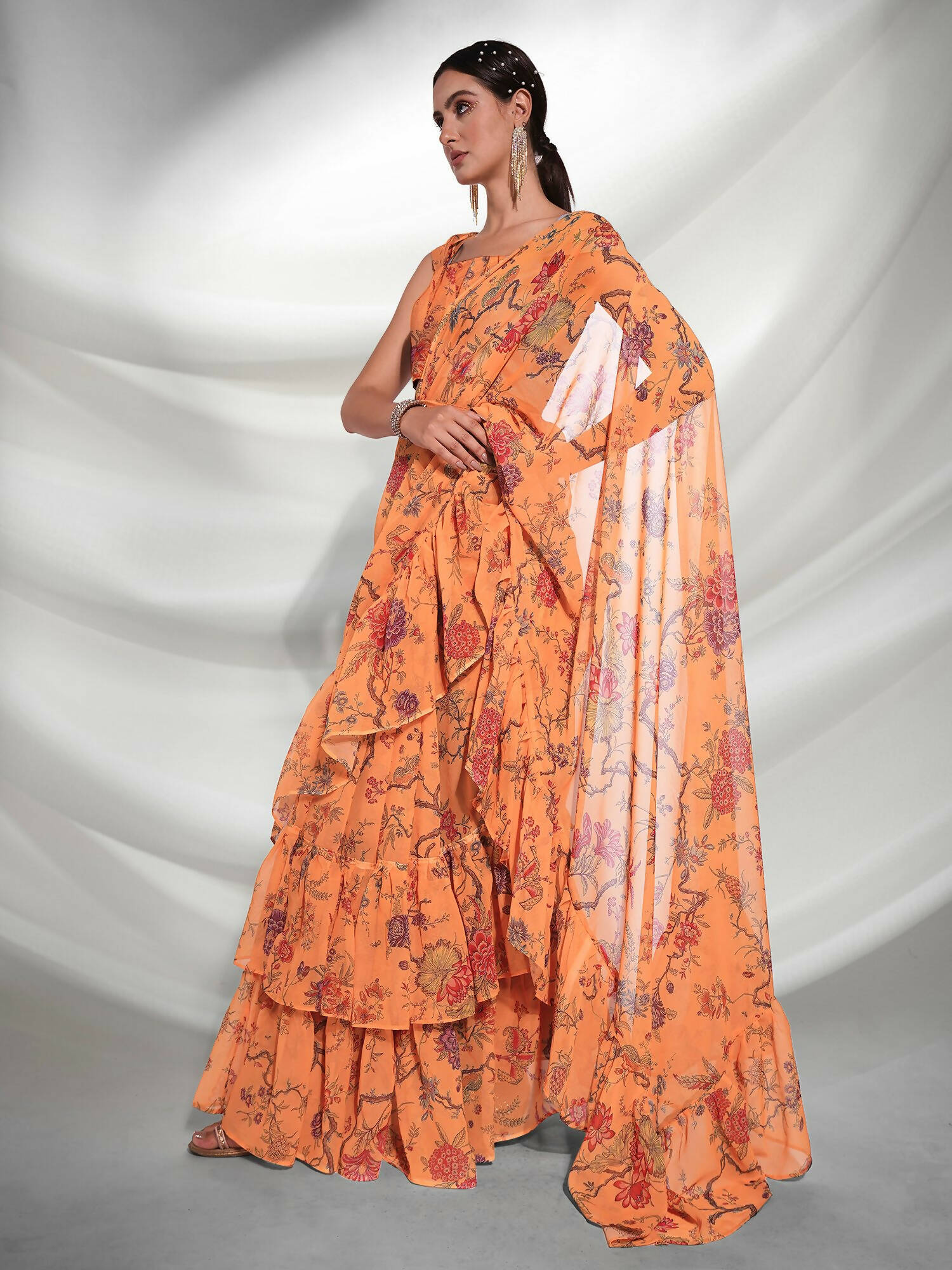 Orange Georgette Floral Printed Saree With Unstitched Blouse Piece - Rajal | Grocsy