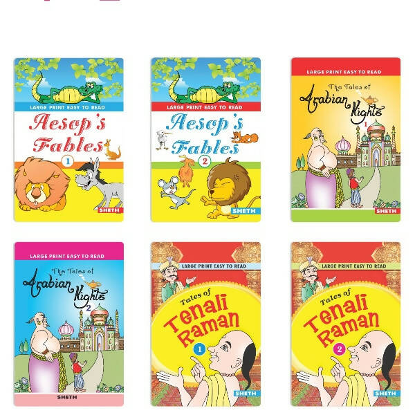 Large Print Easy to Read Aesop's Fables, Arabian Nights & Tenali Raman Classic Stories Books Set of 6| Ages 6 - 12 Year | Grocsy