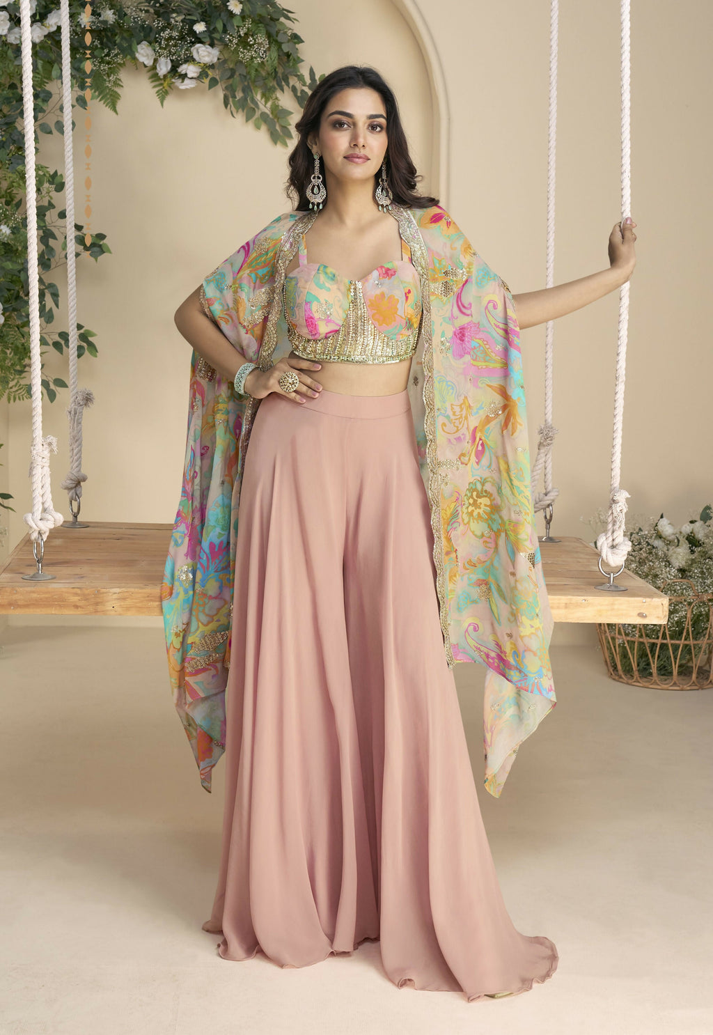 Anaita Pink Chinon Readymade Shrug Suit with Embroidery Sequence Work | Grocsy