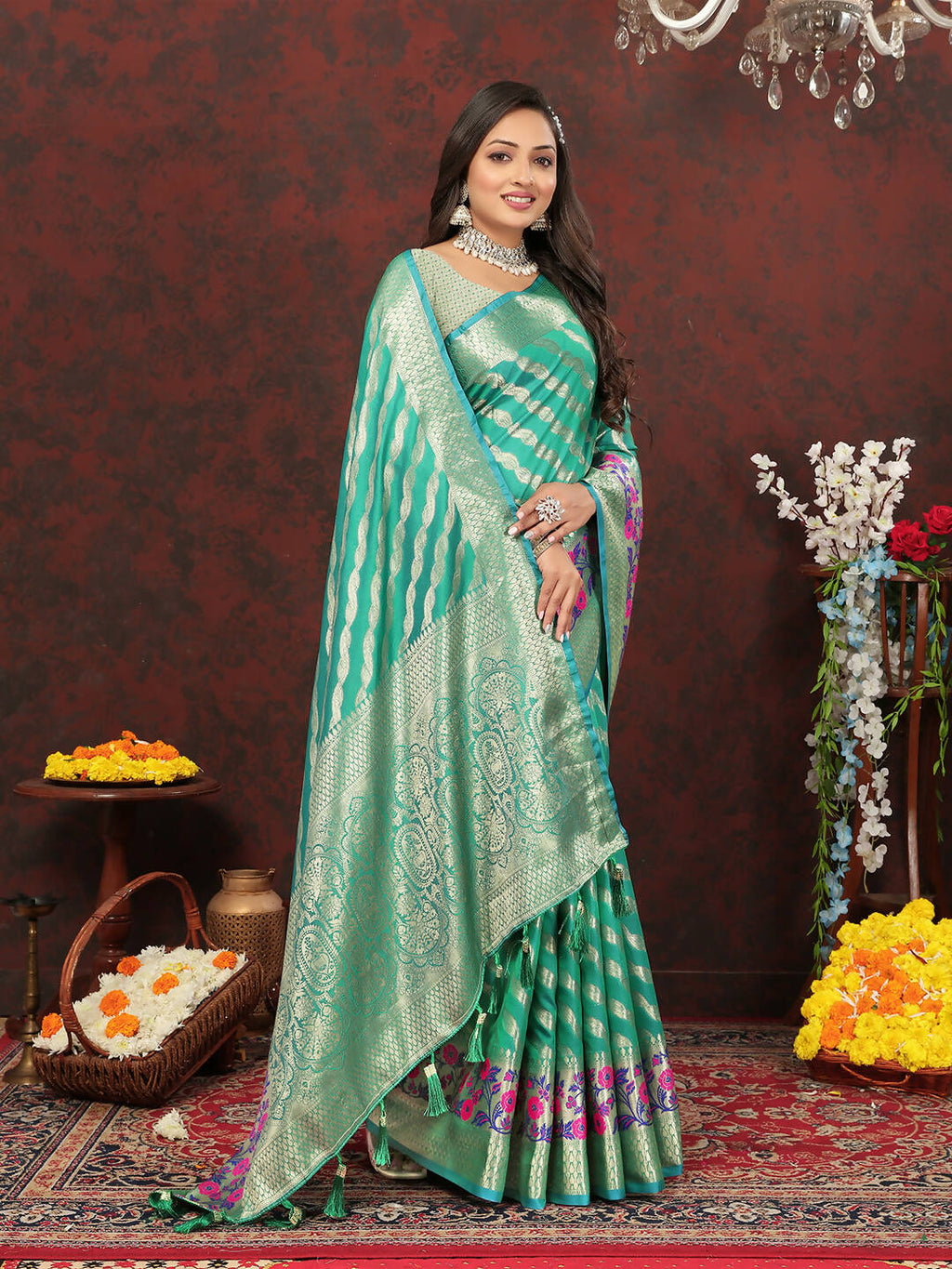 Lorenvalley Fashion Teal Soft Silk Woven Design with Zari Weaving Leheriya Design Saree | Grocsy