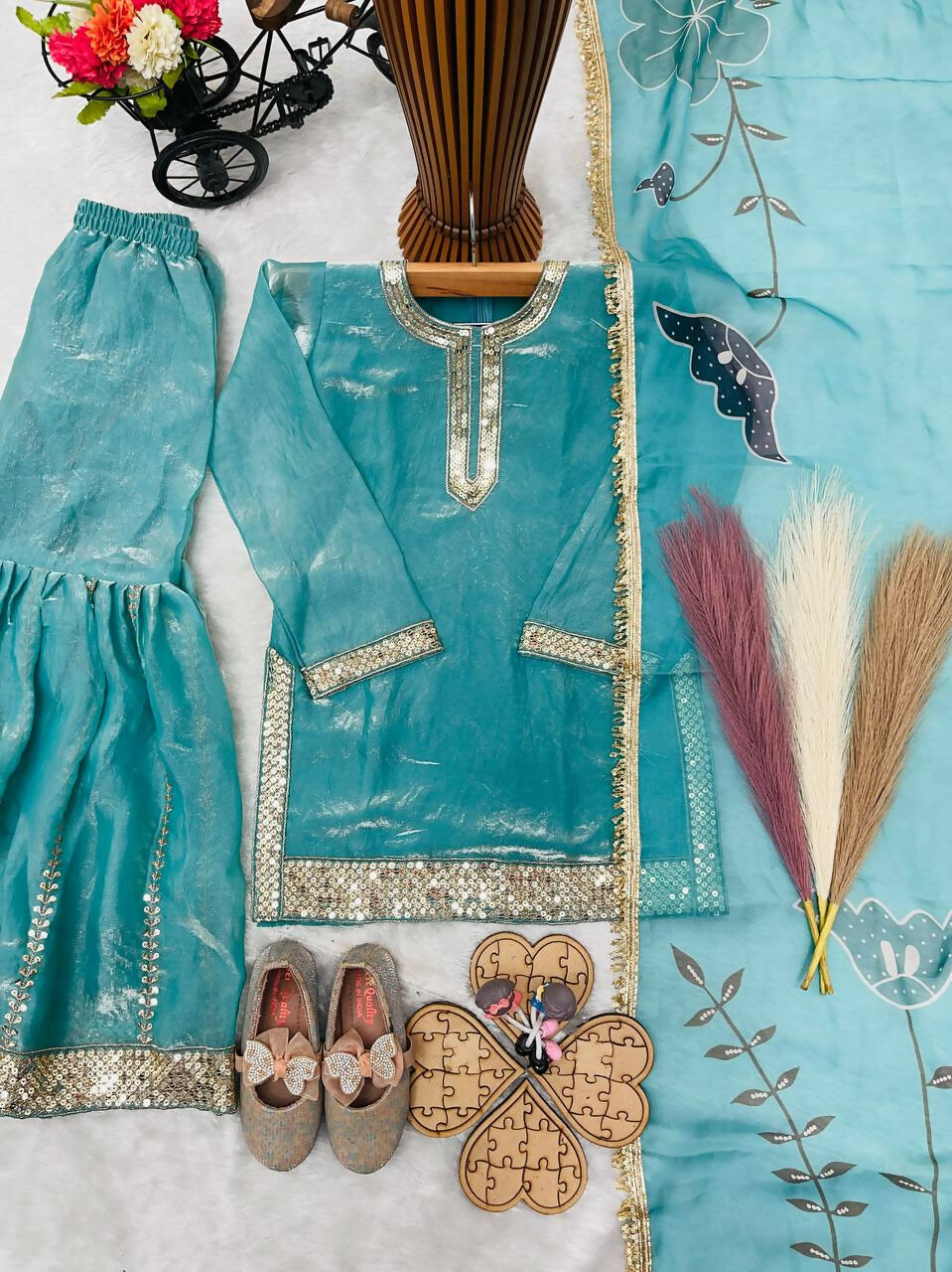 Teeya Creation New Kids Latest Trendy Kurta Sharara Set-Turquoise | Grocsy