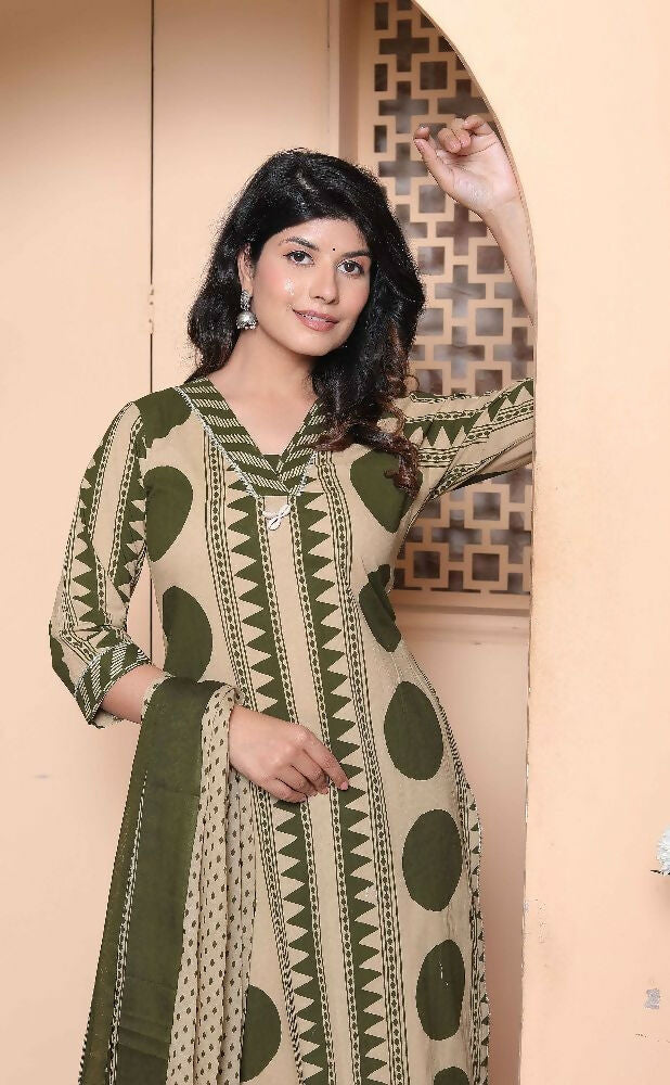 Miravan Womens Polka Dot Printed V-Neck Kurta With Palazzo And Dupatta Set | Grocsy