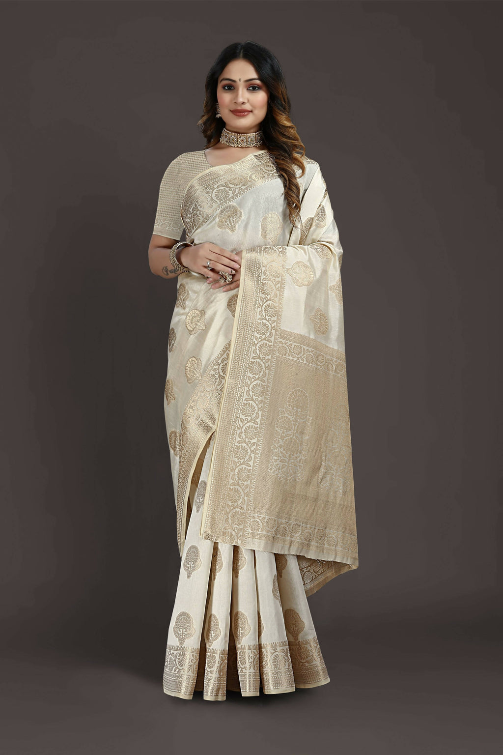 Off White Pure Raw Silk Zari Woven Saree with Unstitched Blouse Piece - Alisha | Grocsy