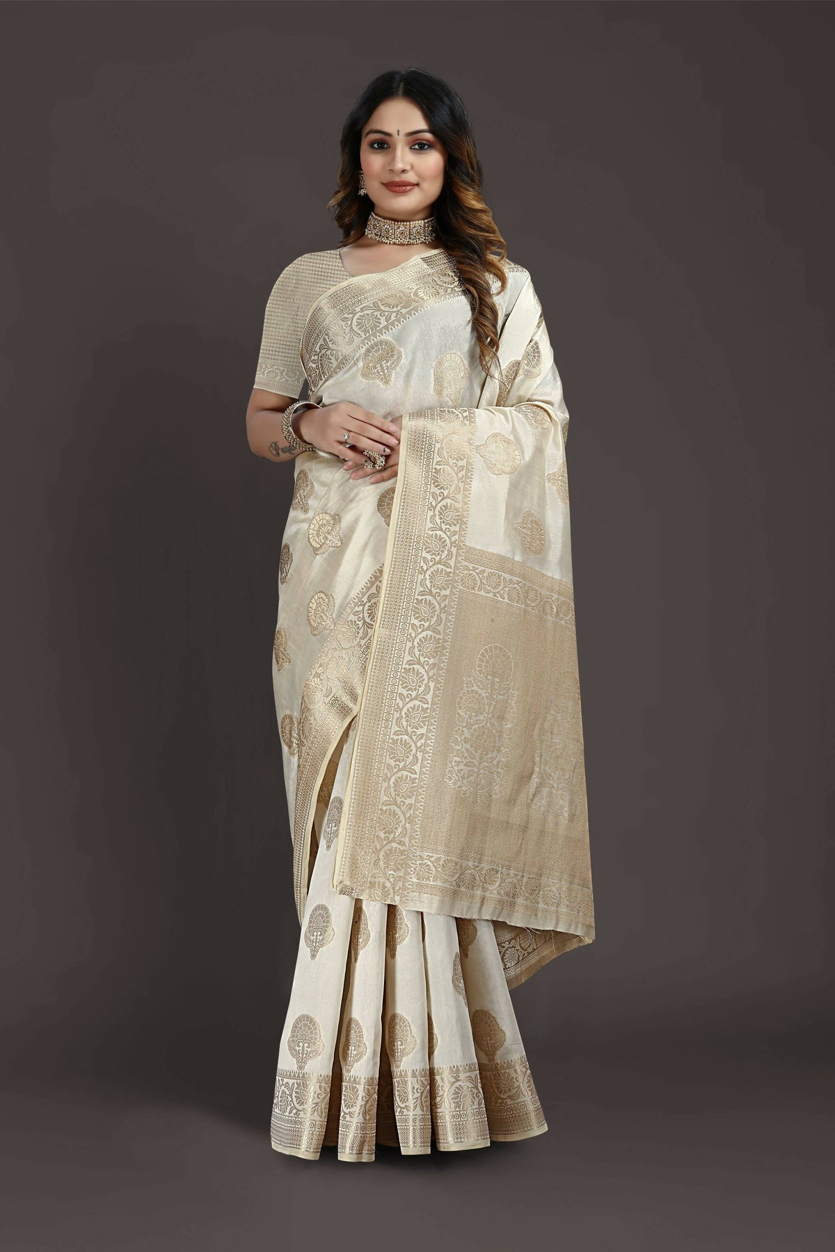 Off White Pure Raw Silk Zari Woven Saree with Unstitched Blouse Piece - Alisha | Grocsy