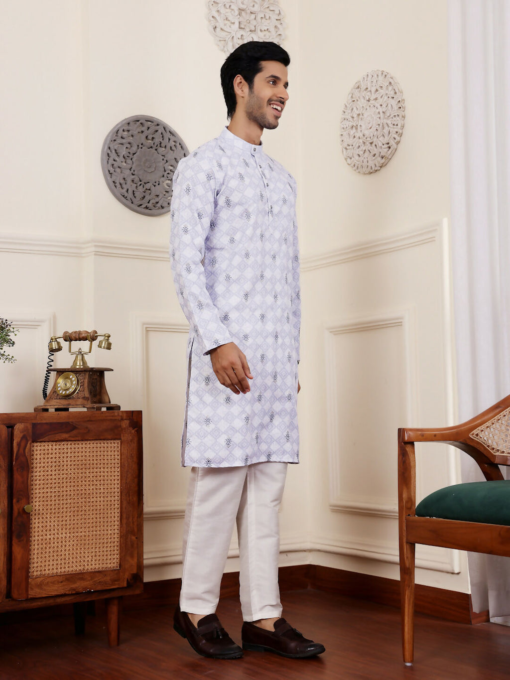 Light Purple Linen Designer Embroidery Work Men's Rajwadi Kurta Set - Mahotsav | Grocsy