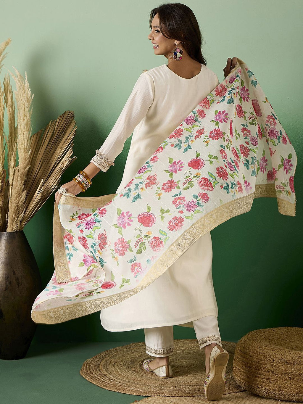 Sangria Embroidered A-Line Kurta With Trousers & Dupatta | Grocsy