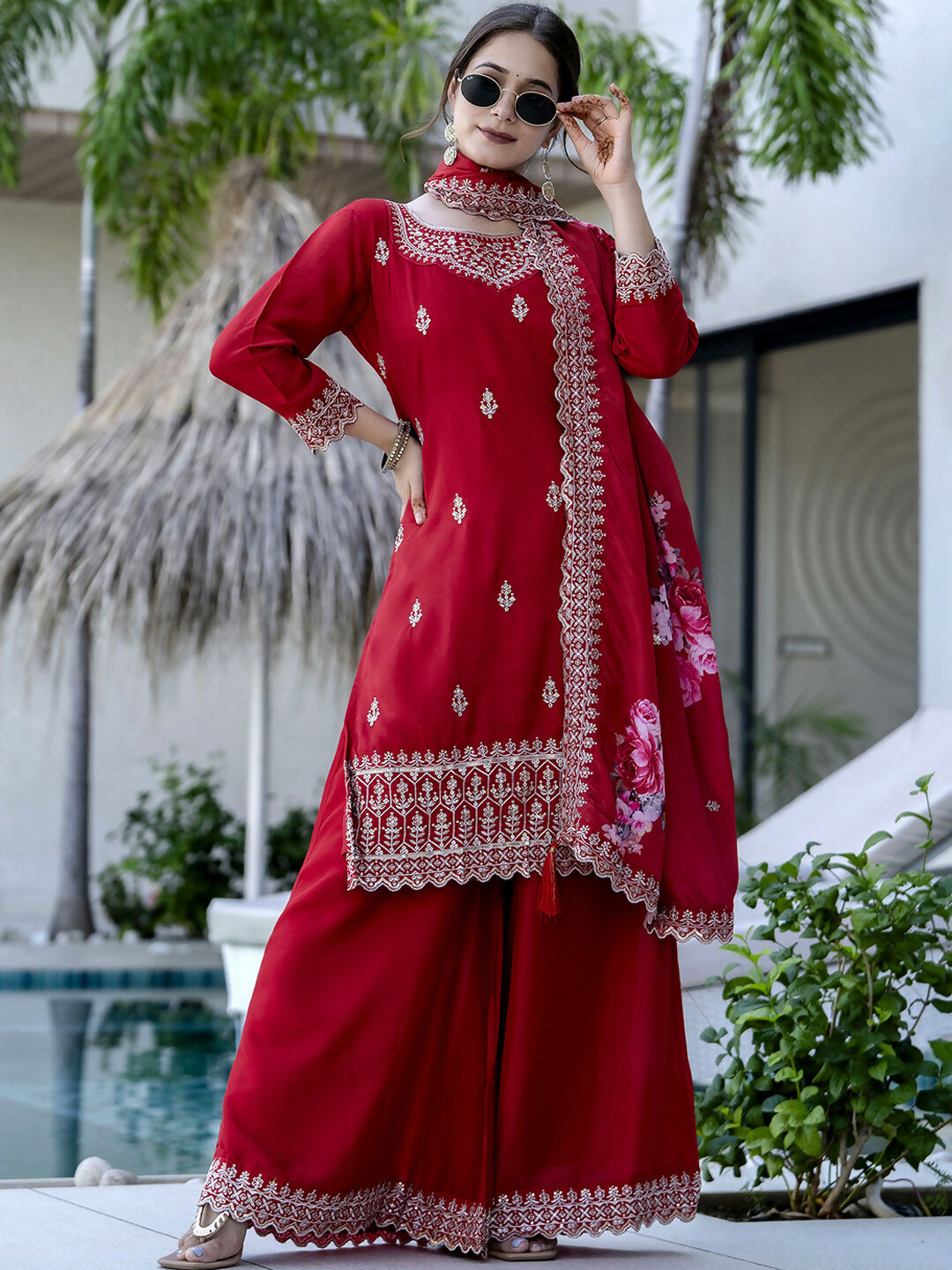 The52 Red Women's Gorgeous Embroidered Vichitra Silk Fabric Straight Kurta, Sharara and Dupatta Set | Grocsy
