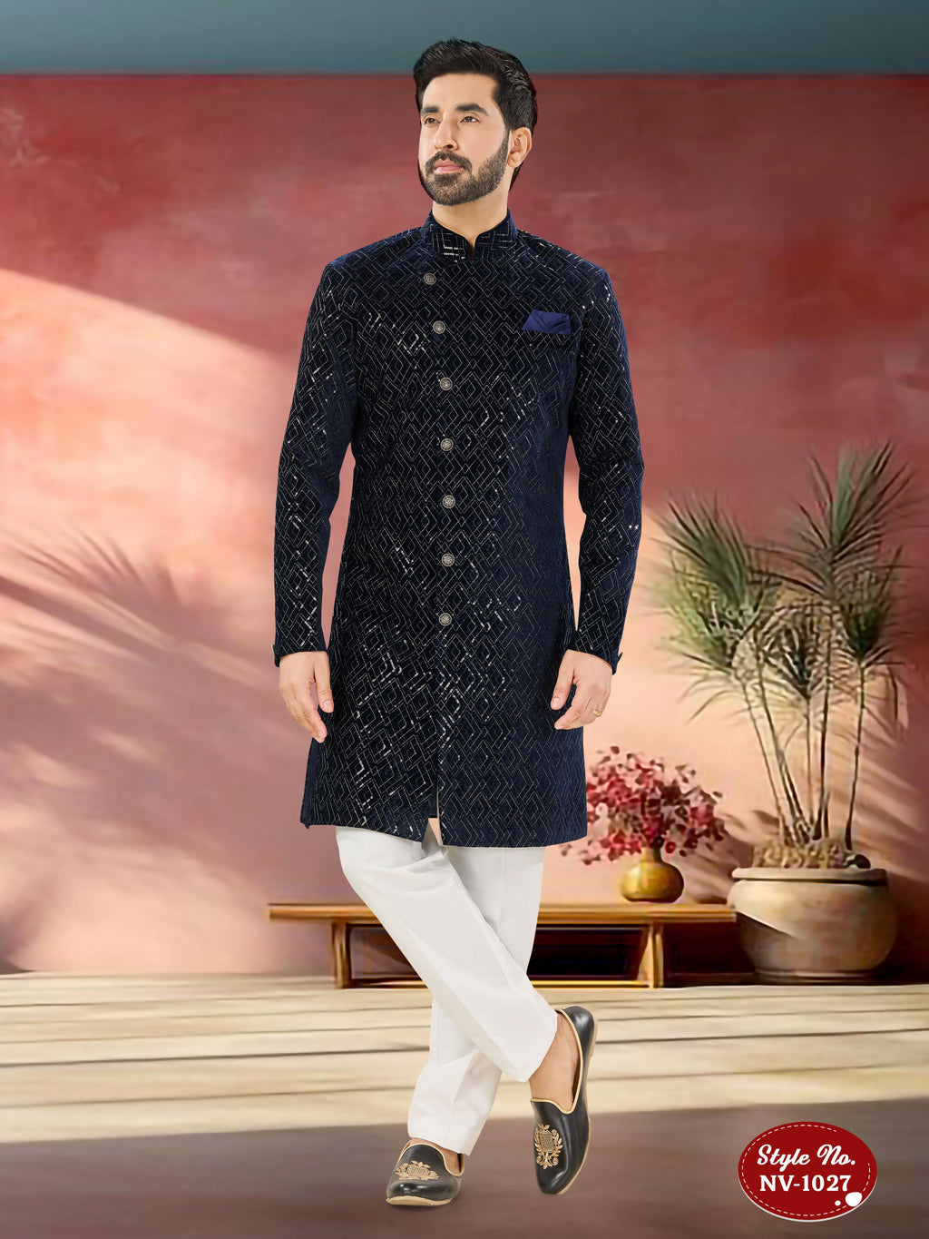 Joban Fashion Men's Blue Base Straight Velvet Thread And Sequence Embroidary All Over Indo-Western Kurta Set | Grocsy
