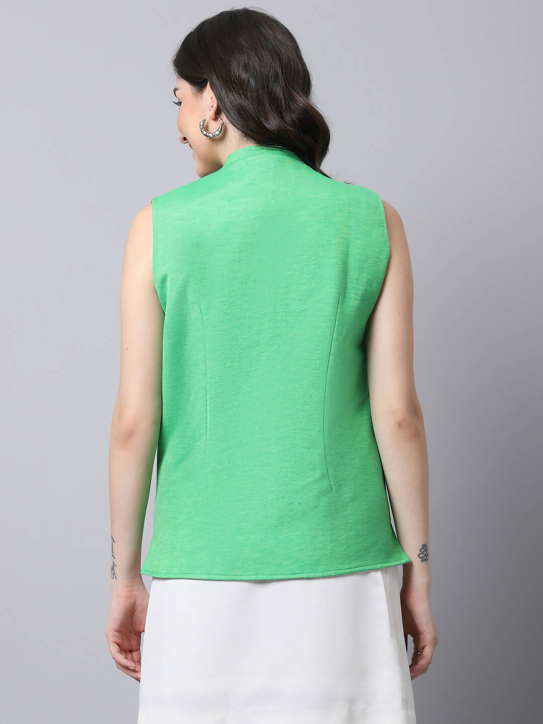 Even Apparels Green Polyblend Open Front Women's Waistcoat | Grocsy