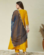 The52 Women's Beautiful Vichitra Fabric Embroidery Work Flared Anarkali Pant and Dupatta Set | Grocsy