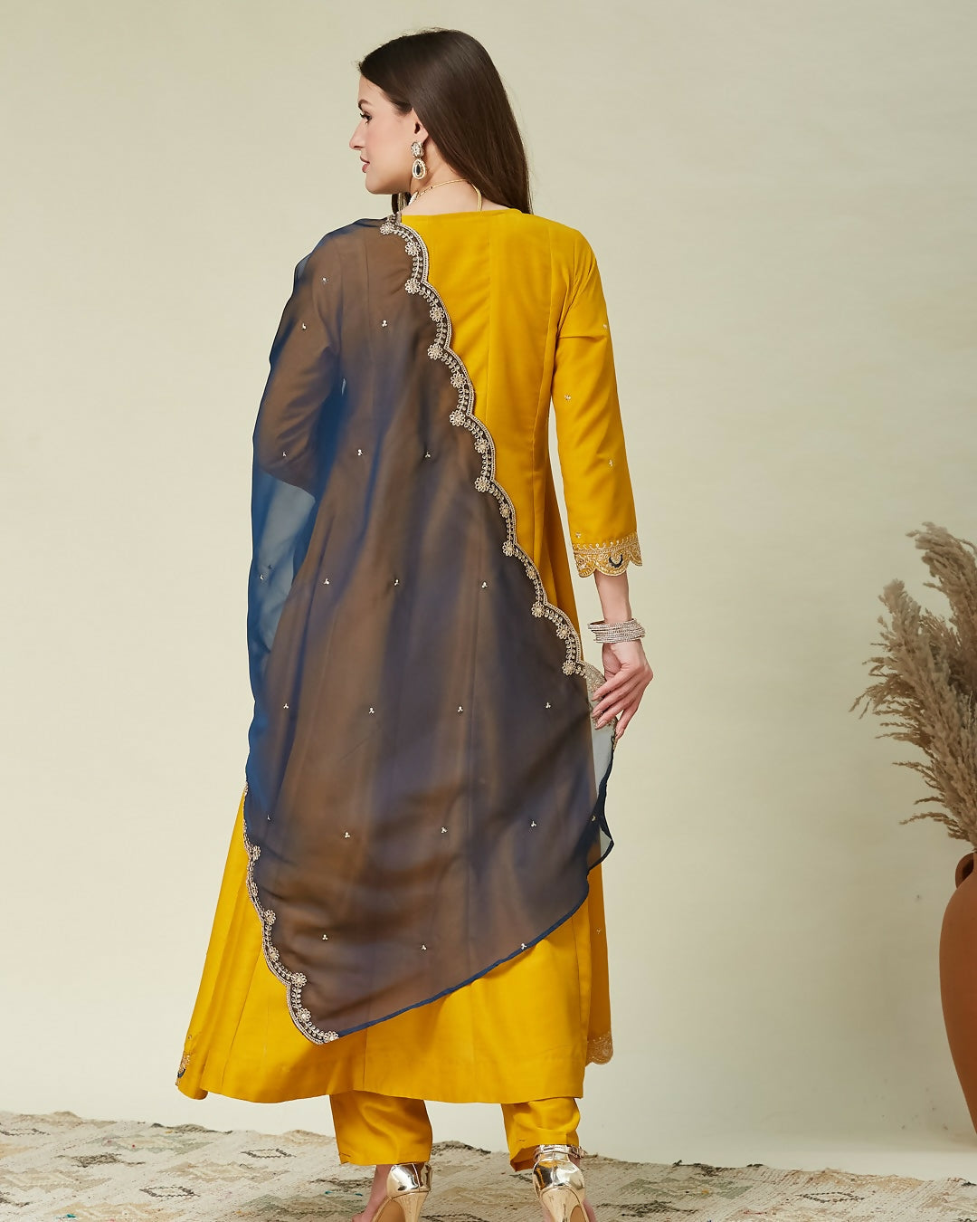 The52 Women's Beautiful Vichitra Fabric Embroidery Work Flared Anarkali Pant and Dupatta Set | Grocsy