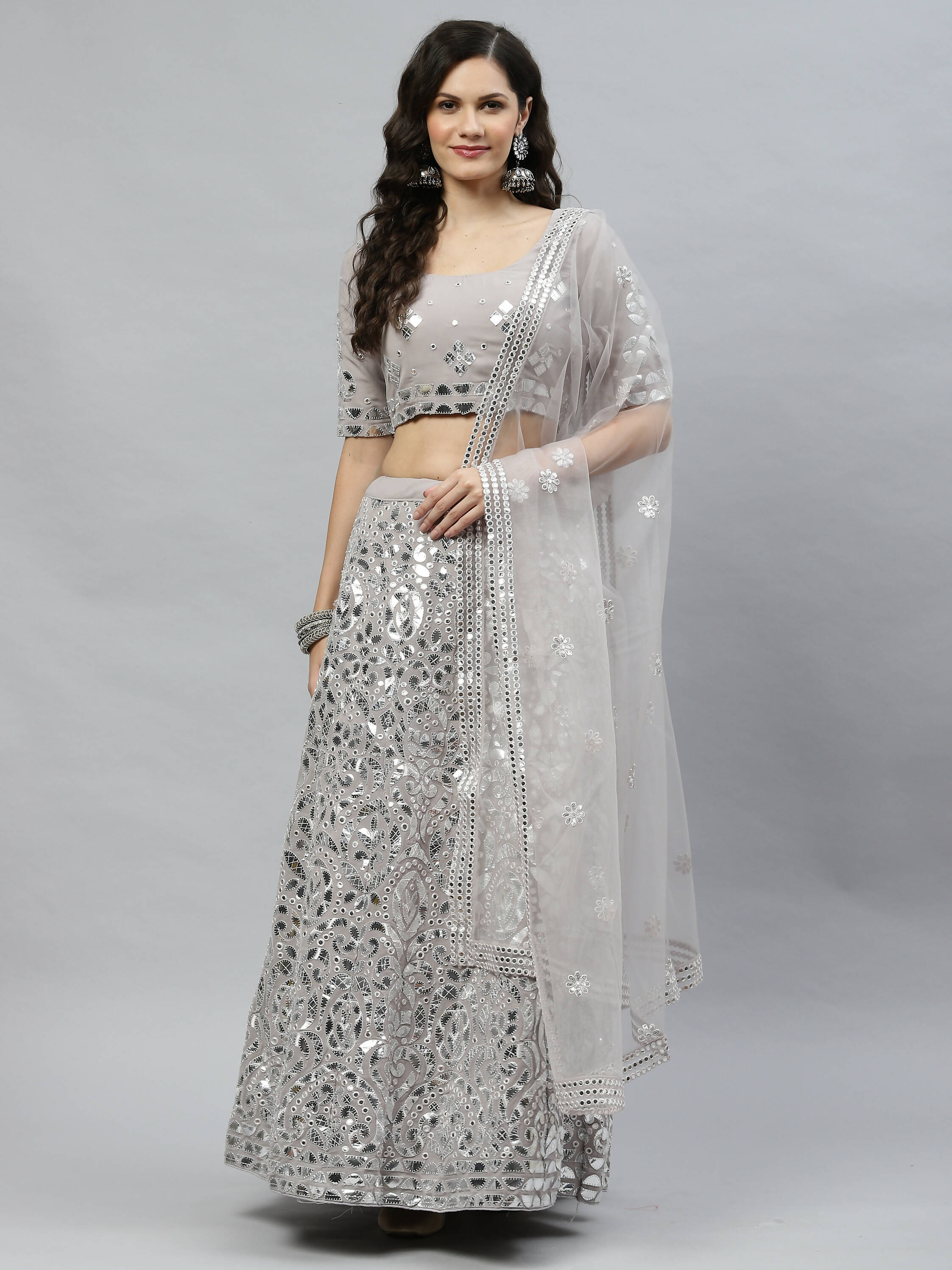 Grey Georgette Paper Mirror Embroidery Work Lehenga Choli with Dupatta - Jivika | Grocsy