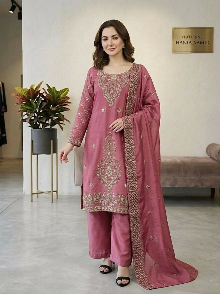 Teeya Creation Pink Color Gimmychu Silk Embroidery Work Wedding Wear Salwar Suit | Grocsy