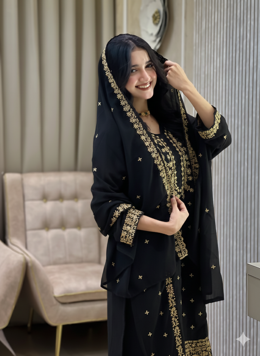 Teeya Creation Black Color Faux Georgette Embroidery Work Party Wear Salwar Suit | Grocsy