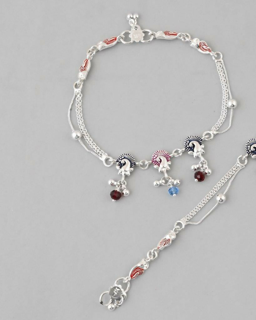 VOJ Set of 2 Silver Plated Peacock Shaped Multi Color Anklet | Grocsy