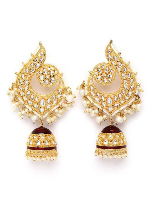 Gold-Polished Peacock Design Brass Kundan Stone Handcrafted Jhumka Latkan Earrings By House of Ree - Swadesiicart