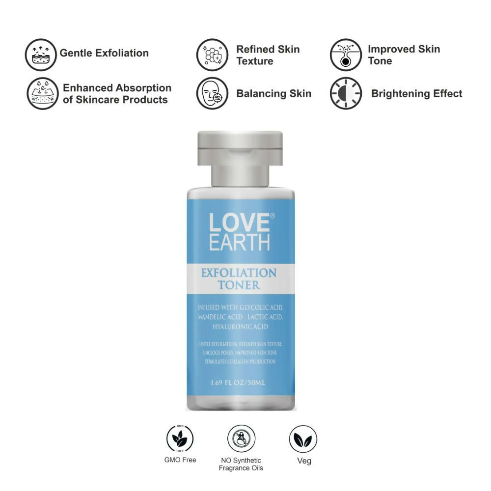 Love Earth Exfoliation Toner Infused With Glycolic Acid, Mandelic Acid, Lactic Acid, Hyaluronic Acid | Grocsy