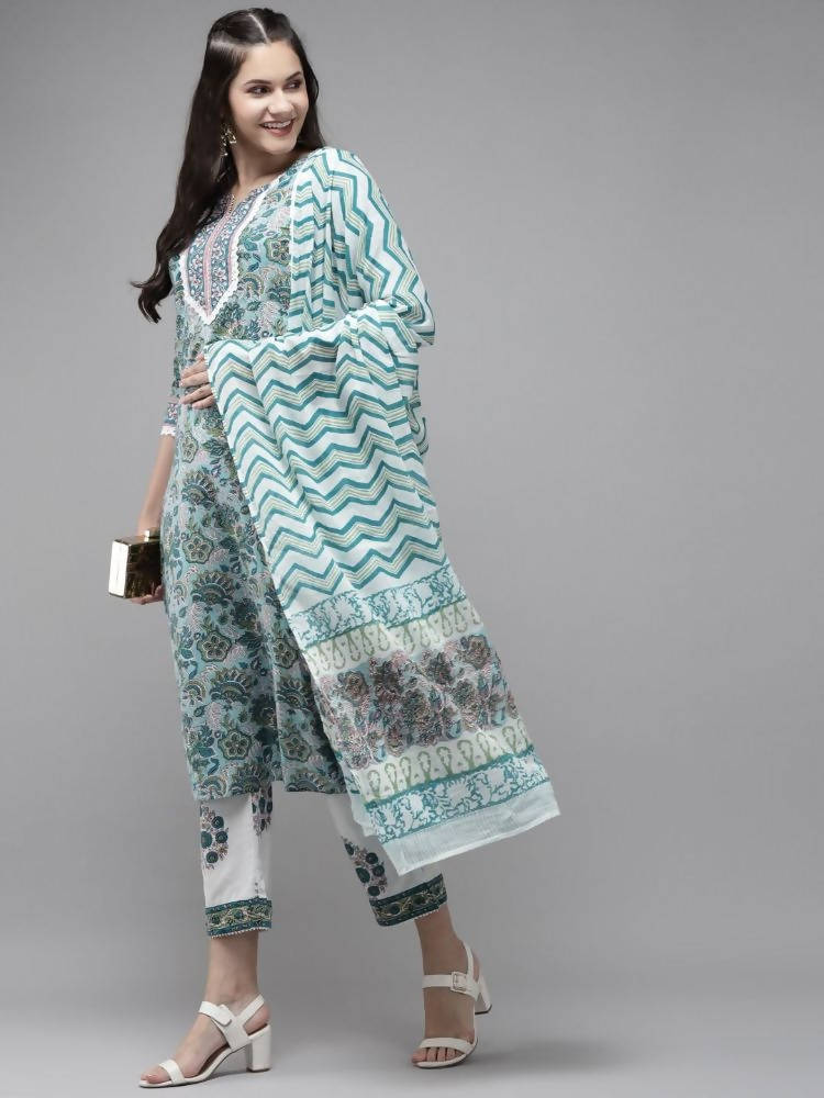 Yufta Green Hand Block Printed Kurta with Trouser and Dupatta | Grocsy