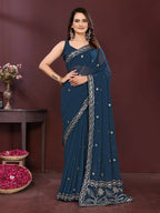 Ai Fashion Teal Soft Georgette Embroidery Party Wear Saree | Grocsy