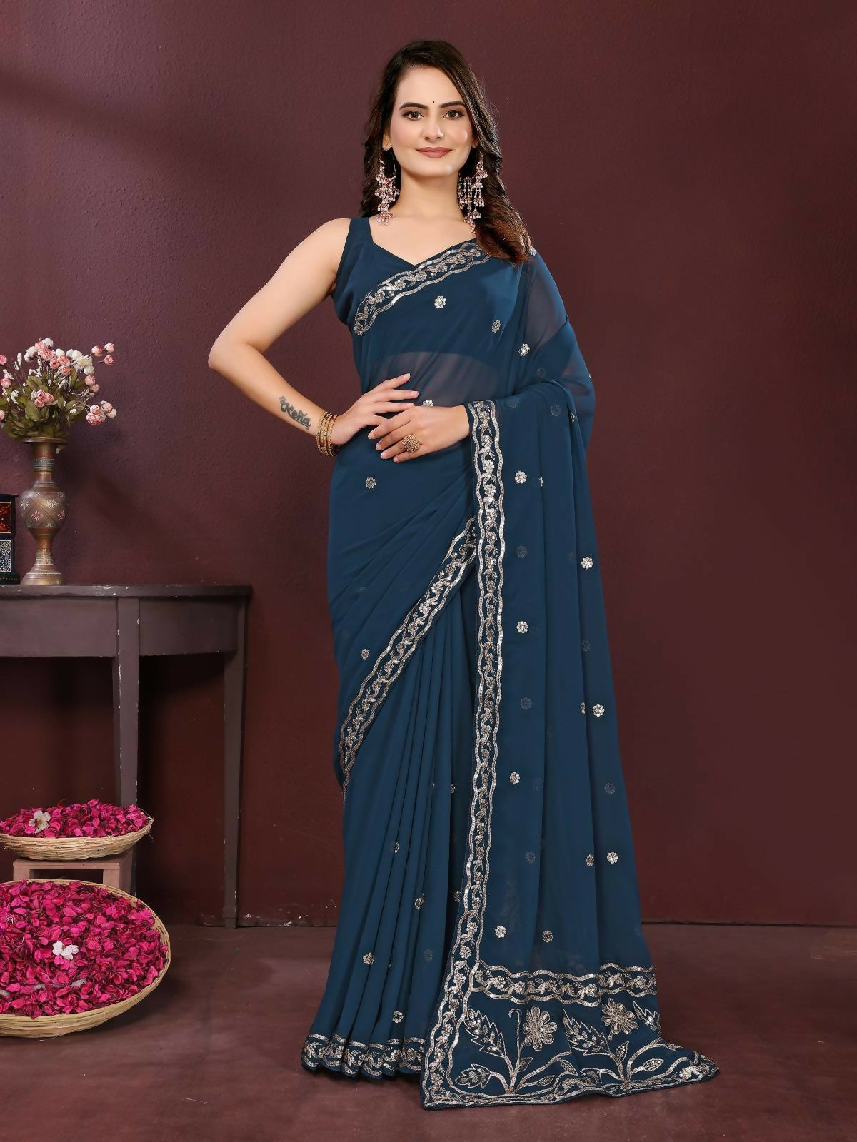 Ai Fashion Teal Soft Georgette Embroidery Party Wear Saree | Grocsy