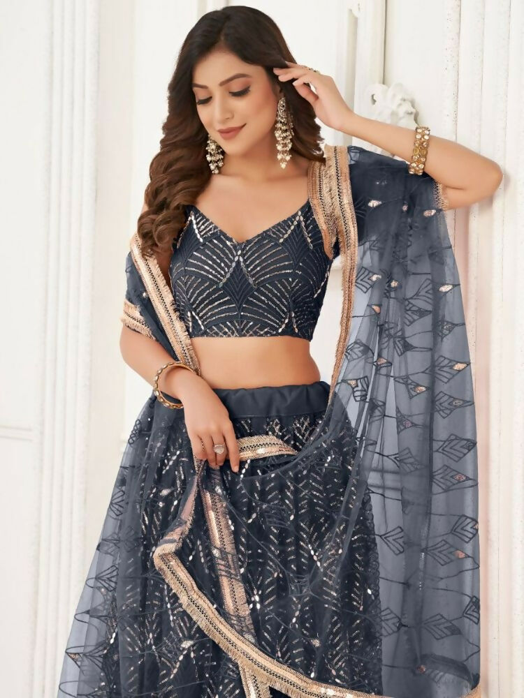 Black Butterfly Soft Net Embroidery With Real Mirror Work Lehenga Choli - Jihu Culture | Grocsy