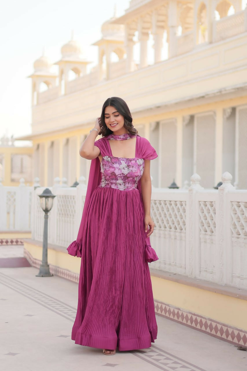 Vastranavya Position Print with Fancy Balloon Sleeves Chinnon Crush Pleating Gown with Dupatta - Pink | Grocsy