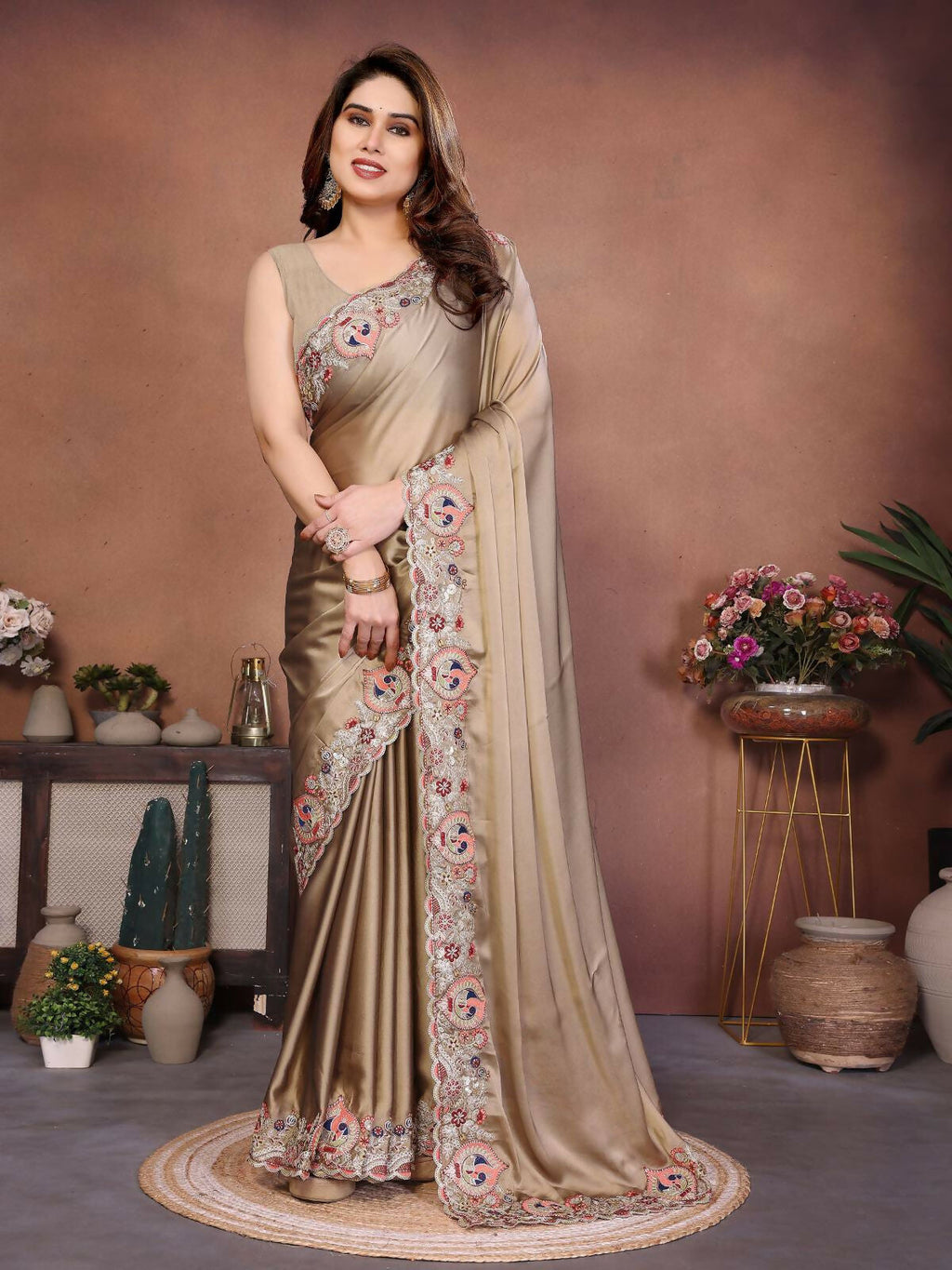 Teeya Creation New Trendy Party Wear Soft Silk Saree-Brown | Grocsy
