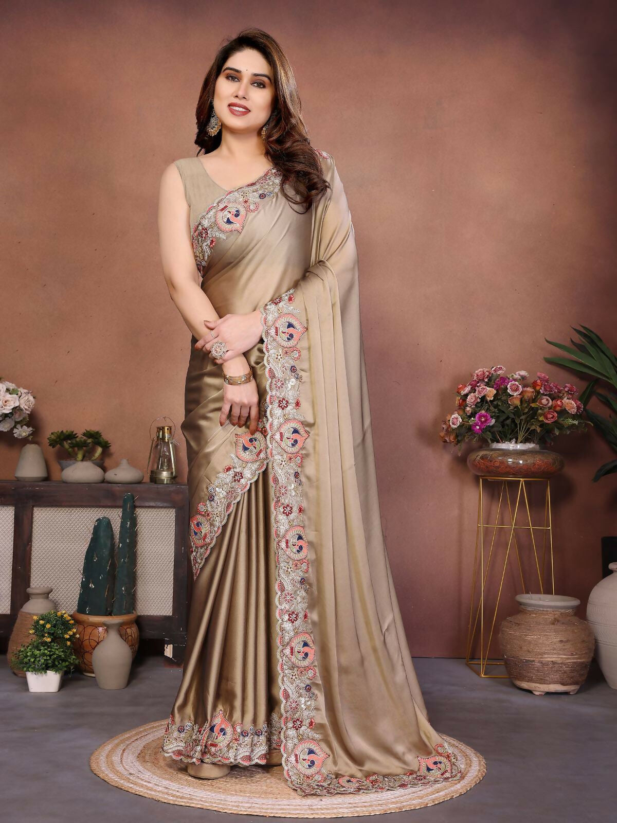 Teeya Creation New Trendy Party Wear Soft Silk Saree-Brown | Grocsy